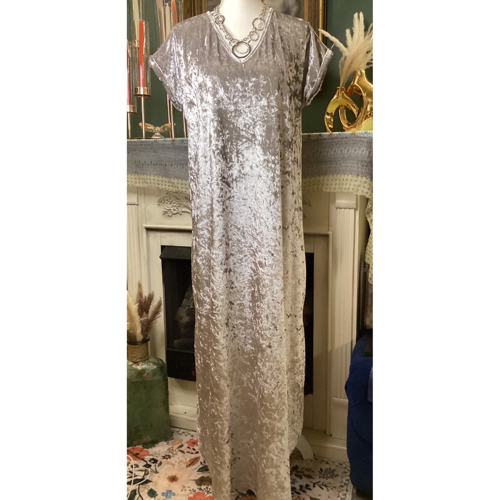 Peach Love California Silver Gray Crushed Velvet Maxi Dress V-Neck Small